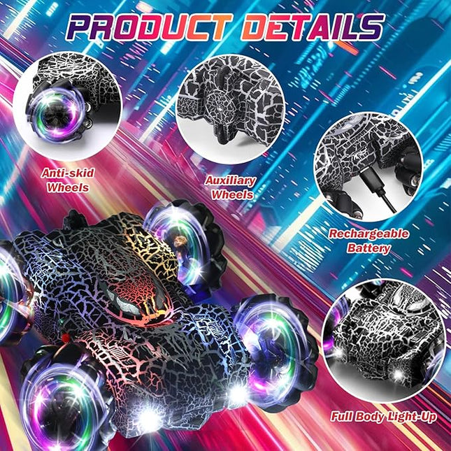 Hand Controlled Remote Control Car, 2.4Ghz Gesture Sensing RC Stunt Car with Wholebody Light & Headlight, Rechargeable 360° Rotating Double Sided RC Cars Black Spider Toys for Boys 4-6 5-7 8-12