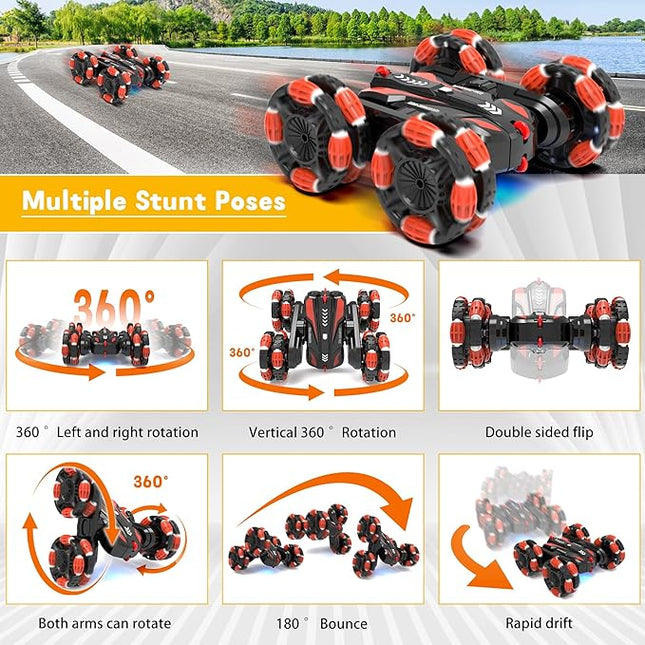 Eulogia RC Cars for Boys 5-8 Gesture Sensing Stunt Cars Double Sided 360° Flips & Rotating Remote Control Car Toys Durable Off-Road Drift Car Gifts for Boys (Red)