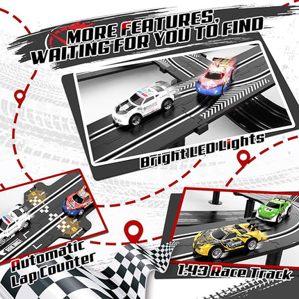 2 in 1 Slot Car Race Track Sets with 4 Slot Cars, 1:43 Electric Car Track for Boys, Dual Racing Game Lap Counter Circular Slope Track Sets, Birthday Gifts Toys for Boys Kids Ages 6 7 8 9 10 11 12