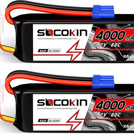 6S Lipo Battery 22.2V 4000mAh 80C Soft Case with EC5 Plug for RC Car RC Boat RC Racing Truck Helicopter Airplane 2 Pack