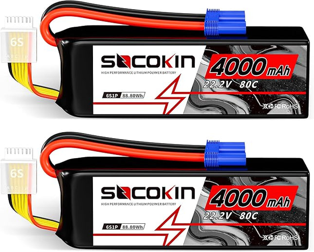 6S Lipo Battery 22.2V 4000mAh 80C Soft Case with EC5 Plug for RC Car RC Boat RC Racing Truck Helicopter Airplane 2 Pack