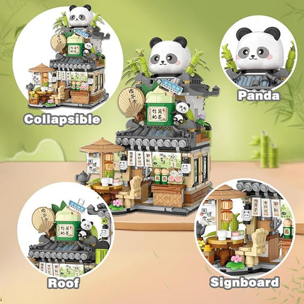 Mini Building Blocks Foldable Bamboo Panda Tea Shop Creative Construction Building Toy 860 Pcs Mini Bricks for Boy Girl Age 7+(Panda)