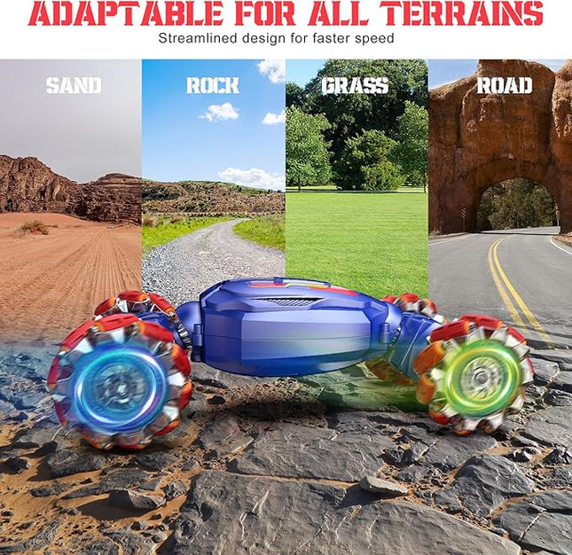 Gesture Sensing RC Stunt Car, Boys Girls Ages 6-12 Birthday Gift Ideas, 4WD Transform Off Road for Rotating Hand-Controlled 2.4Ghz Remote Control Twist Cars with Lights and Music Blue