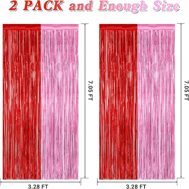 2 Pack Backdrop Curtains, 3.28 Feet x 7.05 Feet Red Pink Backdrop, Metallic Fringe Curtains Tinsel Backdrop Party Streamer, Babie Backdrop Valentines Day Happy Birthday Party Supplies Decorations