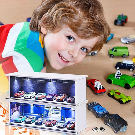 2 Pcs Display Case for Toy Car Garage with LED Light Stackable 1/64 Scale Diecast Toy Cars Garage for Maximum 58 Model Car Display and Storage(Depot)