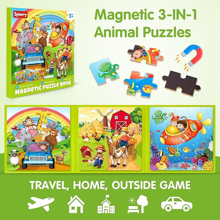 SYNARRY Magnetic Puzzles for Kids Ages 3-5, 20 Pieces Toddler Animal Puzzles for Kids Ages 4-6, Easter Basket Stuffers Valentines Day Gifts for Kids, Car Airplane Road Trip Activities Toy