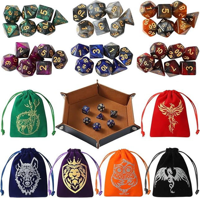 Grajar DND Dice Set, 42 Pcs polyhedral dice Set with 6 Colorful Animal Pattern Dice Bag and PU Leather and Velvet dice Tray for Dungeons and Dragons D&D RPG MTG Table Games Starry Sky