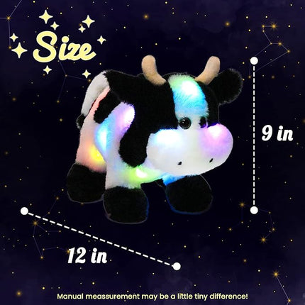 Hopearl LED Plush Cow Lighting Up Stuffed Animal Diary Cattle Floppy Night Lights Glow in The Dark Birthday Festival for Kids Toddler Girls, 12''