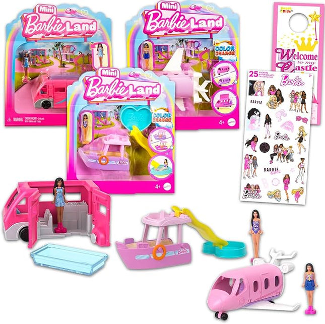 Barbie Mini Barbieland Doll and Vehicle Playset - Bundle with 3 Barbieland RV, Plane, and Boat Vehicles Plus Stickers, More | Barbie Party Favors for Girls, Kids