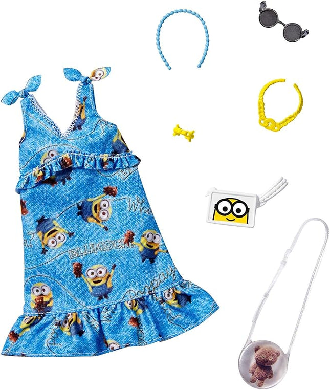 Barbie Storytelling Fashion Pack of Doll Clothes Inspired by Minions: Denim Dress and 6 Accessories Dolls, Gift for 3 to 8 Year Olds