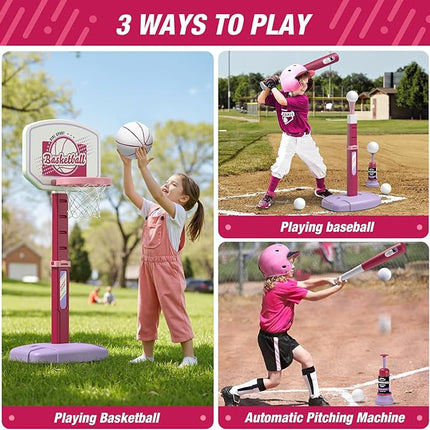 2 in 1 Kids Basketball Hoop and T Ball Set - Adjustable Height, Kids Baseball Tee with Automatic Pitching Machine, Indoor Outdoor Sport Toys Gifts for Toddler Boys Girls Age 1-5, Pink