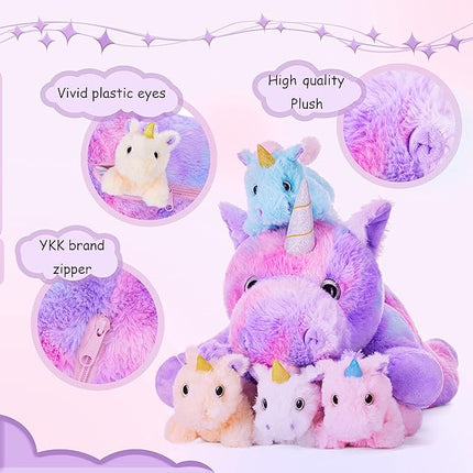IKASA Mommy Unicorn Toys for Girls Age 4-6，Mom and Baby Stuffed Animal Plush Toy,Small Family Set Toy with Little Babies,Gifts for Kid (Unicorn,18")