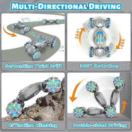 Gesture Sensing RC Stunt Car, Remote Control Car Birthday gifts for kids Age 6-12, 2.4Ghz Hand Controlled Twist Cars, 360° Rotating Transform Off Road Car Toy for Boys Girls Age 6 7 8 9 10 11+ (Gray)