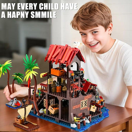 Pirate Ship Wharf Market Building Set,Medieval Pirate House Architecture Building Block Toy,Construction Model for Home Decor,Ideal Gift for Adults Teens Boys 8+