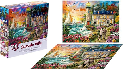 Adult Jigsaw Puzzles 1000 Pieces-Fall Sea Villa Sunset Lighthouse Scenery Puzzle -27" x 20" - Puzzle Pieces are Unique and Match Perfectly…
