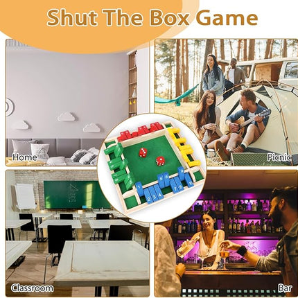 2 Pcs Shut The Box Game Wooden, Close Shut The Box Game for 2-4 Player Adults, Math Sequence Dice Plunder Board Games with 16 Dice, 4-Sided 10 Number Table Games for Family Classroom Home Party Pub
