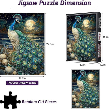 1000pcs Jigsaw Puzzle for Adults - Vibrant Blue and Green Plumage Peacock and Moon Puzzles, Peacock Puzzles for Relaxation & Brain Exercise, Premium Quality Puzzle Games for Family Nights