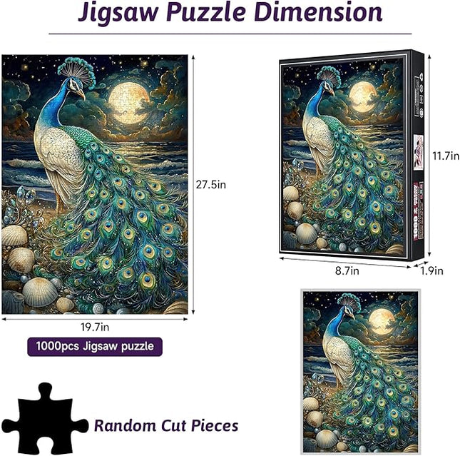 1000pcs Jigsaw Puzzle for Adults - Vibrant Blue and Green Plumage Peacock and Moon Puzzles, Peacock Puzzles for Relaxation & Brain Exercise, Premium Quality Puzzle Games for Family Nights