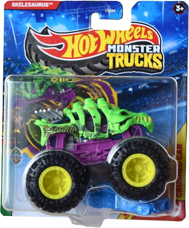 Hot Wheels Monster Trucks Skelesaurus, Beast Bashers 2/6 Includes Crushed Car