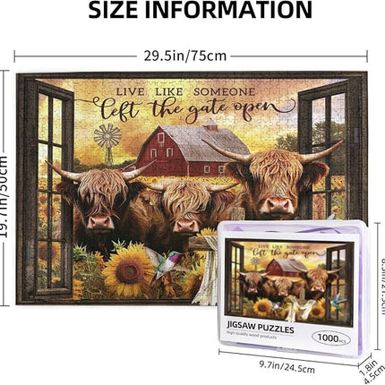 Highland Cow Jigsaw Puzzles 1000 Pieces for Adults, Farm Animal & Sunflowers Country Scene, Rustic Window View Wooden Puzzle, Relaxing Nature Art & Farmhouse Decor Gift