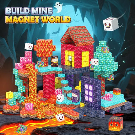 154PCS Magnetic Blocks Mine Magnet World Block Cubes Toy with Magnet Board for Kids Ages 4-8, Magnetic Tiles Kids Sensory Birthday Gifts Game Toys for Boys & Girls Ages 3+