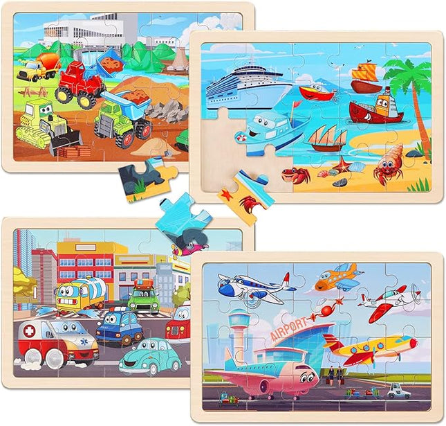 Wooden Educational Jigsaw Puzzles for Preschool Kids Ages 3-5, 4-Pack with 20 Pieces Transportation Wood Puzzles Set, Toddler Brain Teaser Toys, Preschool Gifts for Boys Girls Ages 3 4 5 6