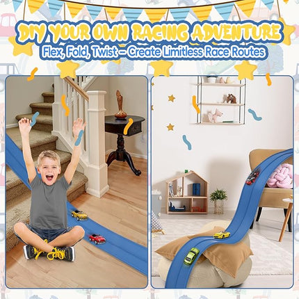 15 Ft Flexible Race Track for Kids with Hot Wheels, Matchbox with Suction Cups Compatible, Diecast 1/50th Toy Cars Rolls Up Portable Race Track Cobalt Blue