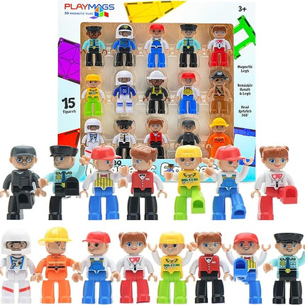 Playmags Large Magnetic Figures Community Set of 15 Pieces – 3” Play People Perfect for Magnetic Toys Building Blocks - STEM Learning Toys for Kids – Magnet Tiles Expansion Accessories Pack
