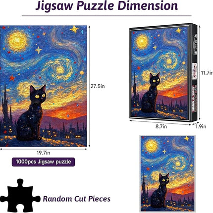 1000pcs Jigsaw Puzzle - Starry Night with Black Cat, Challenging Brain Teaser for Adults & Families, Scratch-Resistant Paper Puzzle, Ideal DIY Decor, Adult Puzzles Starry Night Design