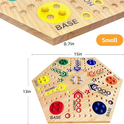 Wooden Board Game, Original Marble Game Double Sided Painted 2 to 6 Player Fast Track Board Game Wooden with 6 Colors 24 Marbles 6 Dice for Adults Kids Family(15 INCH)