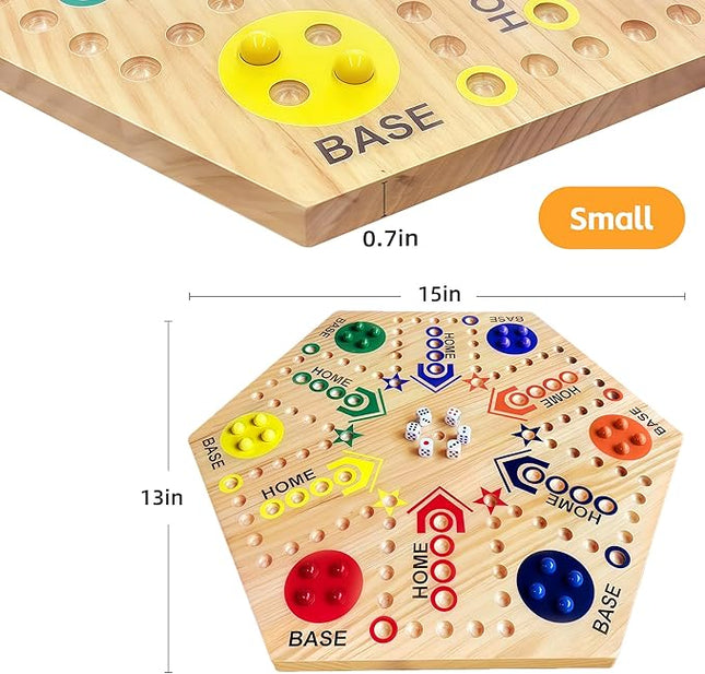 Wooden Board Game, Original Marble Game Double Sided Painted 2 to 6 Player Fast Track Board Game Wooden with 6 Colors 24 Marbles 6 Dice for Adults Kids Family(15 INCH)