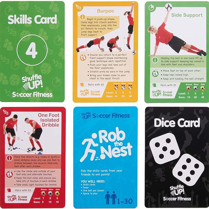 Shuffle Up Soccer Card Games - 70+ Fun & Active Skills Cards for Kids, Fitness Cards Develop Fundamentals, Stamina & Strength, Easy to Play for Kids | Multiple Skills Level Card Include 2 Dices