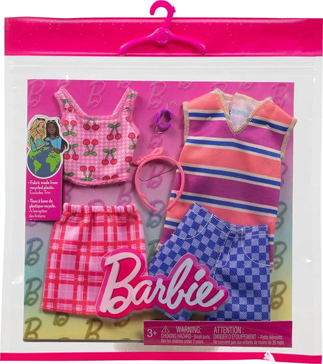 Barbie Clothes Set, Fashion & Accessory Pack for Barbie & Ken Dolls with 2 Complete Looks, Cherry-Inspired Theme