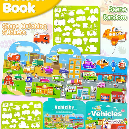 Benresive Reusable Sticker Books for Kids 2-4, Sticker Books for Toddlers 1-3 2-4, Toddler Travel Toys Activities Crafts Gifts - Vehicle