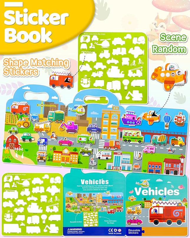 Benresive Reusable Sticker Books for Kids 2-4, Sticker Books for Toddlers 1-3 2-4, Toddler Travel Toys Activities Crafts Gifts - Vehicle