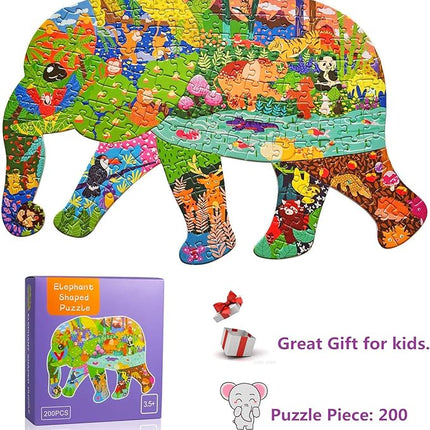 Puzzles for Kids Ages 4-8,8-10 and Adults, Elephant Animal Shaped Jigsaw Puzzles 200 Pieces for Wall Home Decor