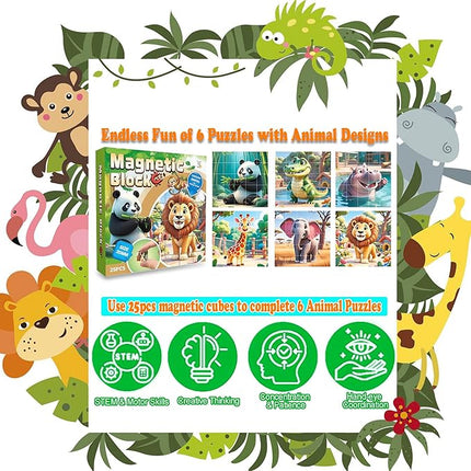 Magnetic Blocks Building Toy,Ritastar 25pcs Mine Stacking Magnet Build Cubes Cartoon Pattern World,STEM Sensory Construction Toys for Kids Gift,Educational Jigsaw Puzzle Set with 3D Zoo Animal Designs