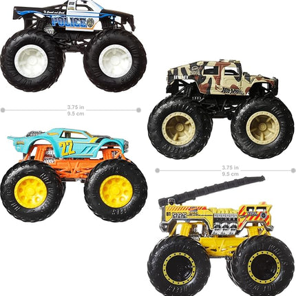 Hot Wheels Monster Trucks, 1:64 Scale Monster Trucks Toy Trucks, Set of 4, Giant Wheels, Favorite Characters and Cool Designs