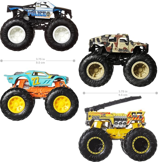 Hot Wheels Monster Trucks, 1:64 Scale Monster Trucks Toy Trucks, Set of 4, Giant Wheels, Favorite Characters and Cool Designs