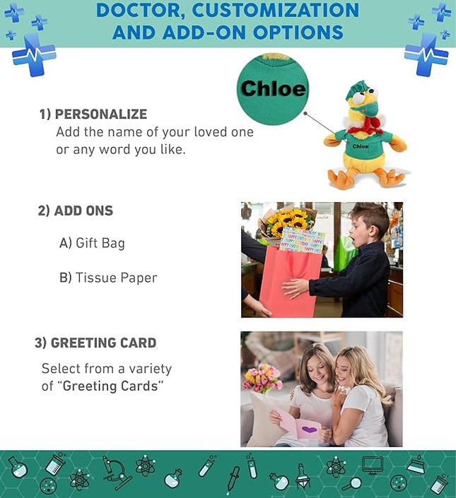 DolliBu Yellow Rooster Doctor Plush Toy - Super Soft Rooster Doctor Stuffed Animal Dress Up with Cute Scrub Uniform and Cap Outfit - Gift with Personalization - 10.5 Inches