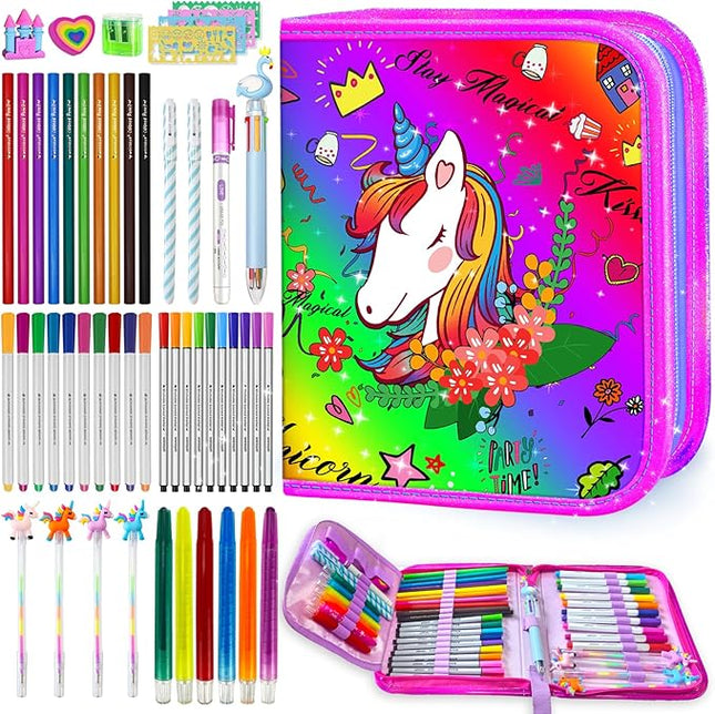 weirtoya 53 PCS Washable Scented Markers Set with Glitter Pencil Case, Mermaid Unicorn Arts and Crafts for kids 4-6-8 Kids Coloring Drawing Kits for 4-8 Years Old Girls Birthday Gifts