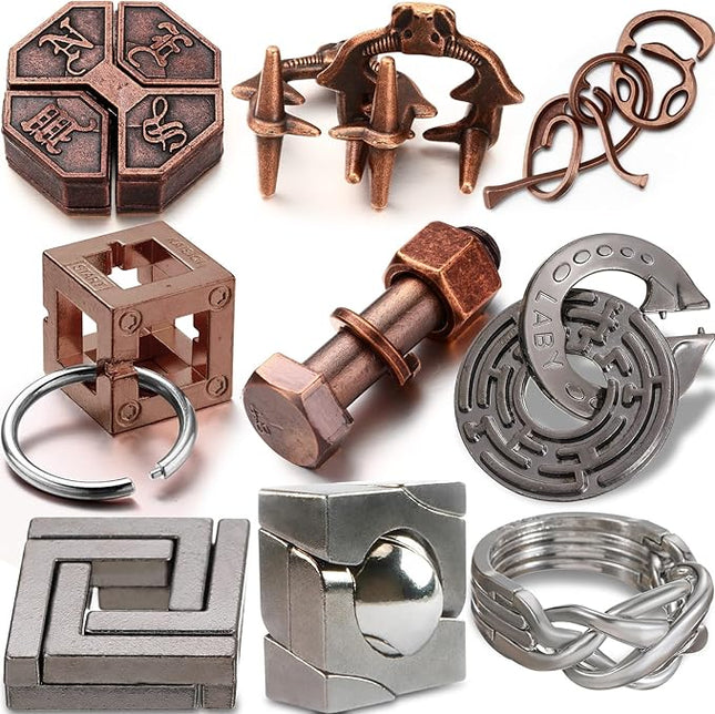 Wettarn 9 Pcs Metal Brain Teaser Puzzles Teaser 3D Steel Puzzle for Adults Unlock Interlocking Games IQ Education Smart Logic Test Toys for Adults Mind Challenge(Diverting Style)