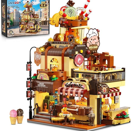 City Ice Cream House Building Set with Lights, 1377 PCS Dessert Shop Building Block Toy with Chocolate Sundae Cone, Sweet Workshop Construction Model for Adults Teens Kids Boys Girls Ages 12+