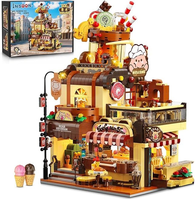 City Ice Cream House Building Set with Lights, 1377 PCS Dessert Shop Building Block Toy with Chocolate Sundae Cone, Sweet Workshop Construction Model for Adults Teens Kids Boys Girls Ages 12+