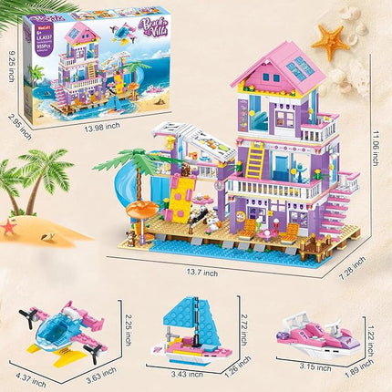 955 Piece Beach House Building Set,Seaside Beach Villa Building Toys Friends Vacation Hut Blocks Set,STEM BuildingToys with Helicopter,Yacht,Sailboat,Christmas Birthday Gift for Girl Age 6-12+