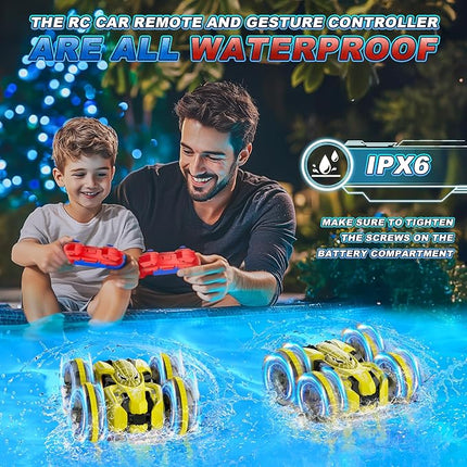 Waterproof Remote Control Car，4WD Land & Water 2.4 GHz RC Car Remote Control Boat，360°Rotation RC Stunt with LED Lights，Boys Girls Gifts All Terrain Water Beach Pool Toy Yellow