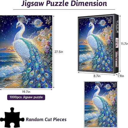 1000 Piece Jigsaw Puzzle for Adults – White Peacock Moonlight Fantasy Puzzles, Elegant Bird Artwork with Ocean Sunset, Relaxing Brain Game, Gift for Puzzle Lovers