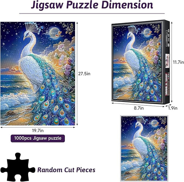 1000 Piece Jigsaw Puzzle for Adults – White Peacock Moonlight Fantasy Puzzles, Elegant Bird Artwork with Ocean Sunset, Relaxing Brain Game, Gift for Puzzle Lovers