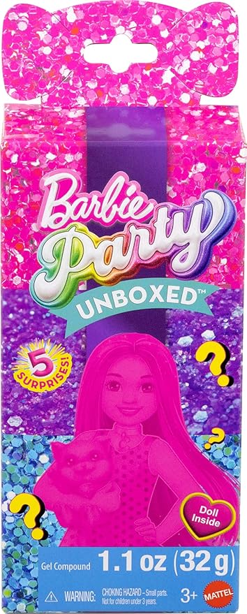 Barbie Party Unboxed Chelsea Doll Set, Glam Party Series with 6 Surprises Including Pet & Color Change (Styles May Vary)