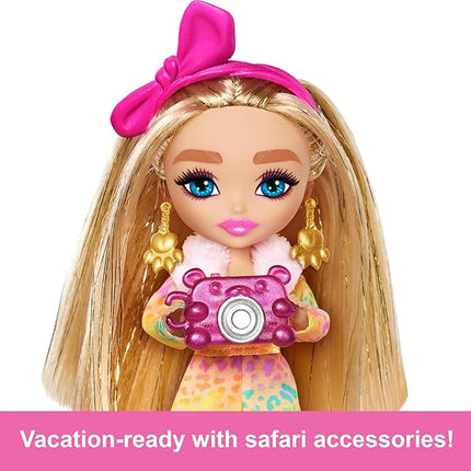 Barbie Extra Fly Minis Travel Doll, Safari Look with Super Long Brunette Hair in Animal-Print Outfit & Accessories, 5.5-inch